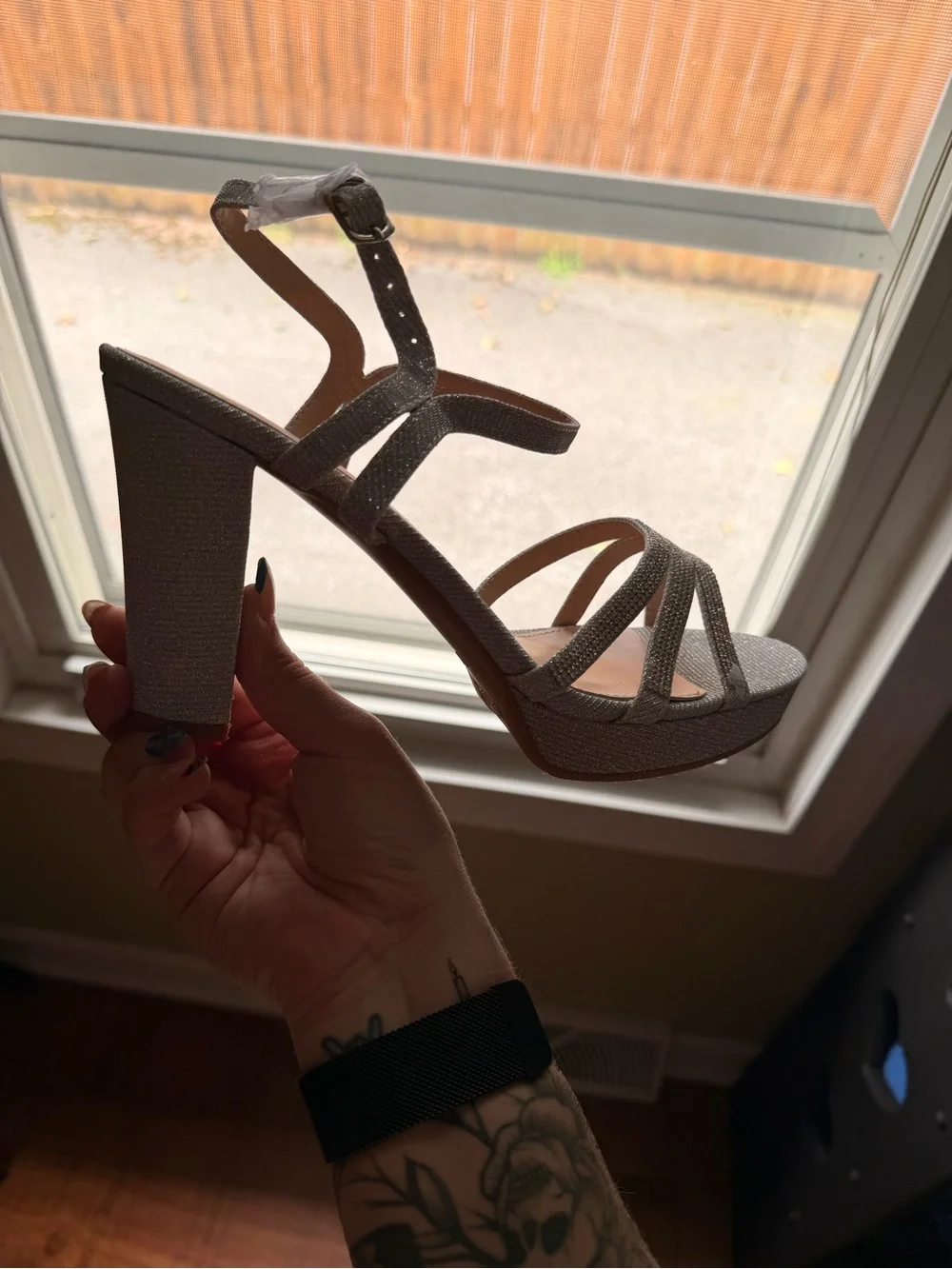 Moda Silver Glitter Strappy Block Heel Sandal
